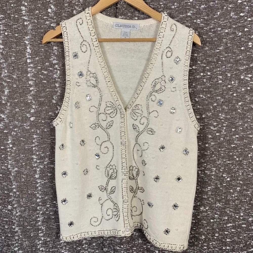 Vintage Claudia D‎ Knit Beaded Sweater Vest Cottagecore Women's Medium